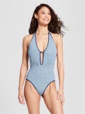 NWT Sunn Lab Swim Women’s Blue Gingham Halter One-Piece Swimsuit